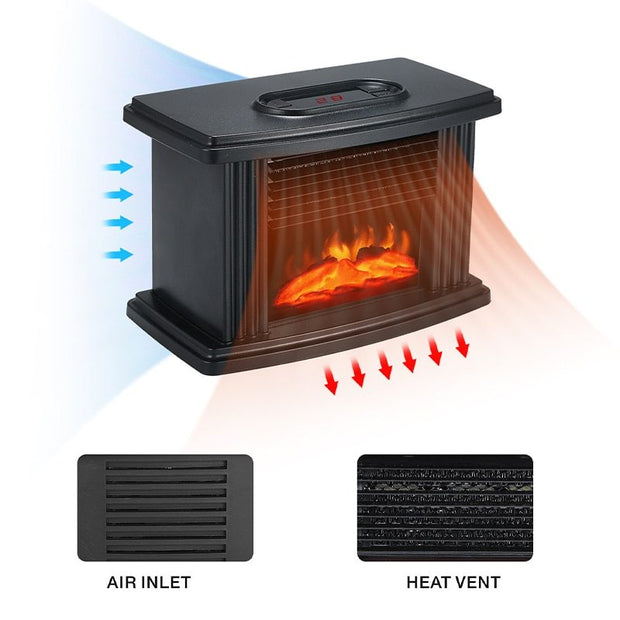 Compact Hause Kamin Heizung with realistic flame effect, featuring air inlet and heat vent for efficient heating.