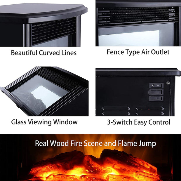 Hause Kamin Heizung features elegant curved lines, a glass viewing window, easy three-switch control, and realistic flame effects.