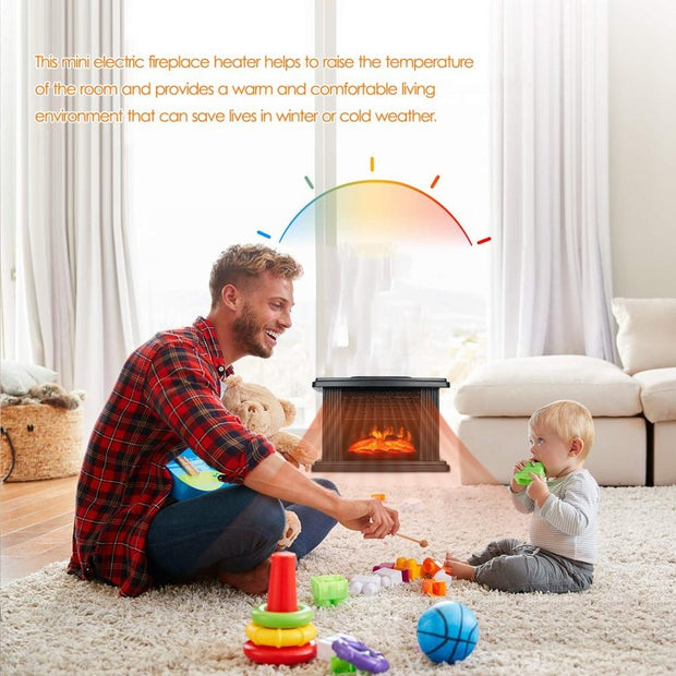 Mini electric fireplace heater providing warmth in a cozy living room with a father and child playing on the floor.