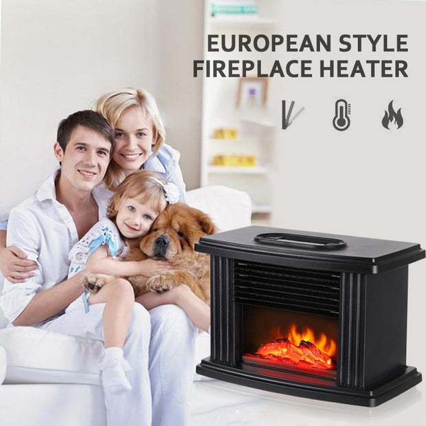 Family enjoying warmth from a European style fireplace heater, featuring a realistic flame effect and modern design.
