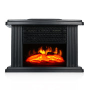 Small black heater with realistic flame effect and horizontal hot air vents for stable heat distribution.