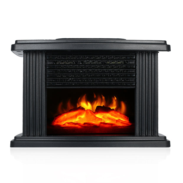 Small black heater with realistic flame effect and horizontal hot air vents for stable heat distribution.