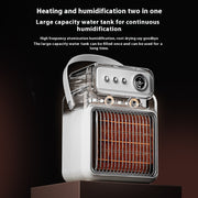 Humidifying warm air heater featuring a large capacity water tank for continuous humidity and dual function heating.