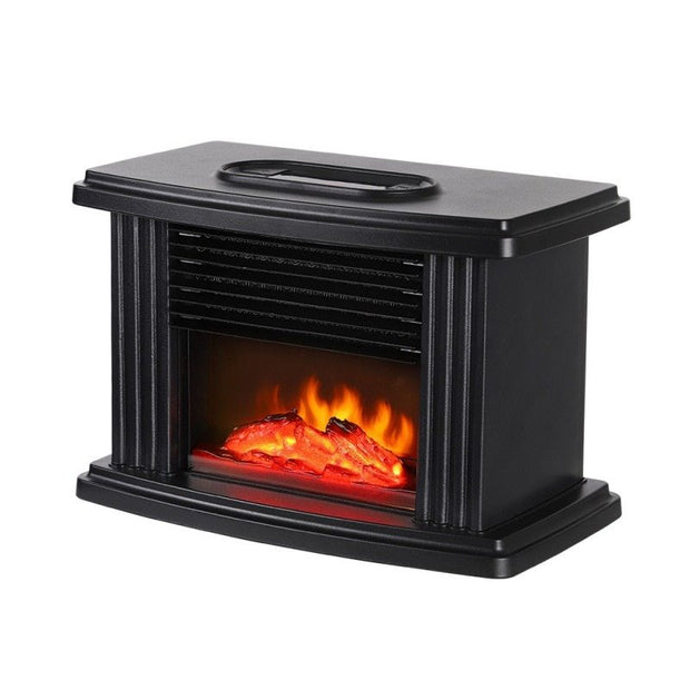 Black electric heater with realistic flame effect and horizontal air vents for even heat distribution.
