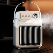 Compact white humidifying warm air heater with multifunctional control panel and mist feature, releasing steam.