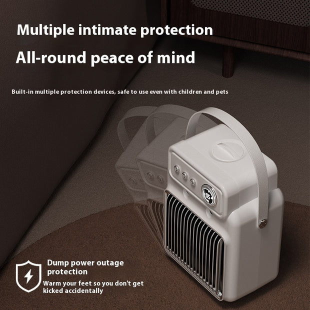 Compact warm air heater with safety features for children and pets, ensuring peace of mind during use.