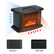 Small black heater with realistic flame effect, featuring air inlet and heat vent for efficient warmth distribution.