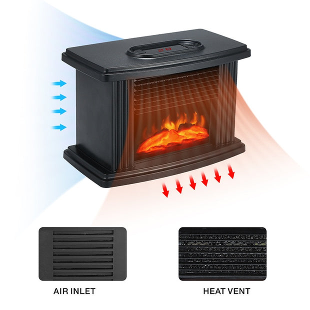 Small black heater with realistic flame effect, featuring air inlet and heat vent for efficient warmth distribution.
